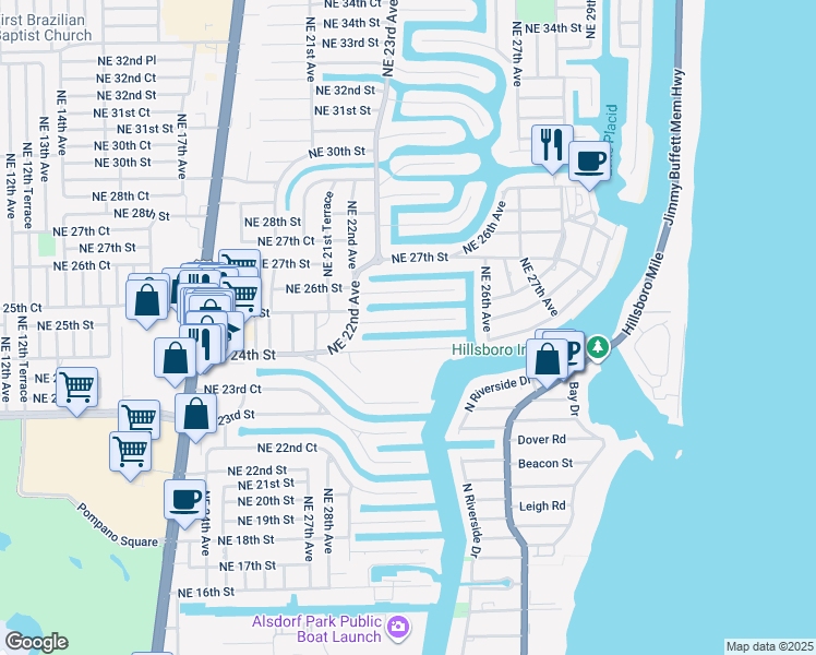 map of restaurants, bars, coffee shops, grocery stores, and more near 2328 Northeast 25th Street in Lighthouse Point