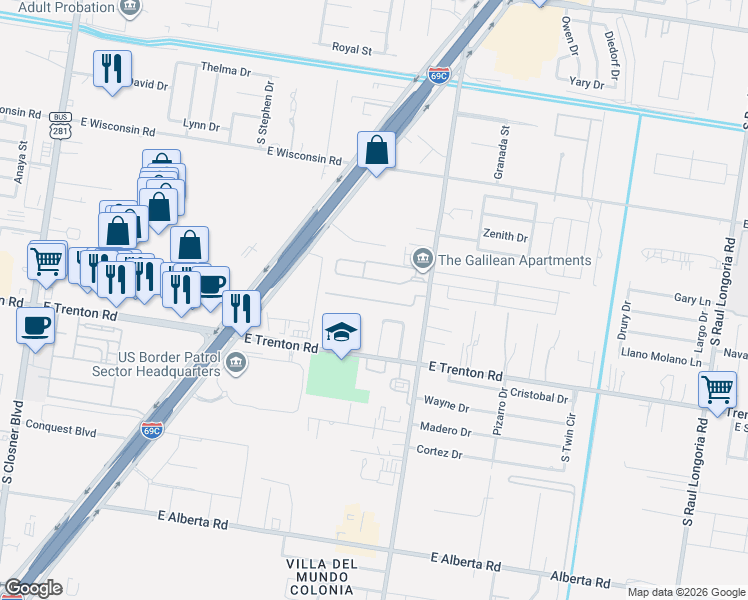 map of restaurants, bars, coffee shops, grocery stores, and more near 4103 Primavera Street in Edinburg