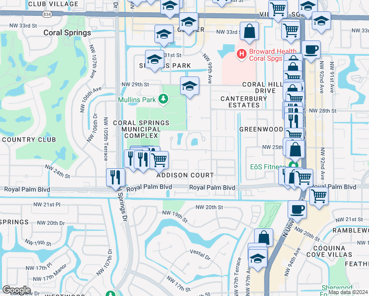 map of restaurants, bars, coffee shops, grocery stores, and more near 2599 Northwest 99th Avenue in Coral Springs