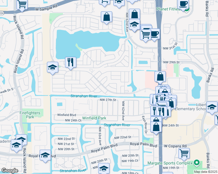 map of restaurants, bars, coffee shops, grocery stores, and more near 6314 Northwest 28th Court in Margate