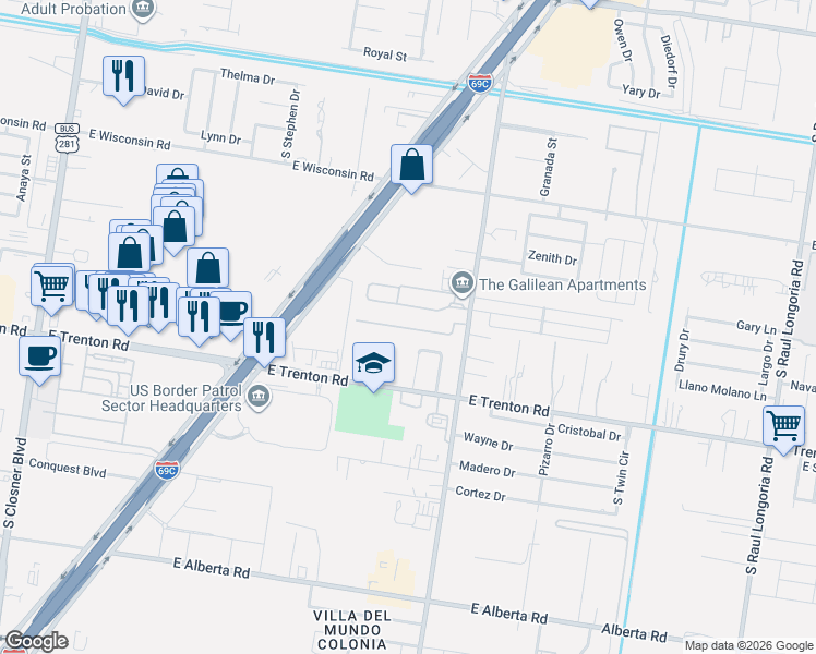 map of restaurants, bars, coffee shops, grocery stores, and more near 4103 Primavera Street in Edinburg