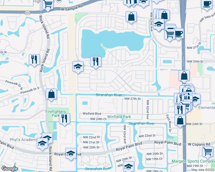 map of restaurants, bars, coffee shops, grocery stores, and more near 6529 Northwest 28th Court in Margate