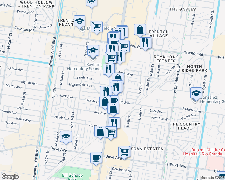 map of restaurants, bars, coffee shops, grocery stores, and more near 6501 N 10th St in McAllen