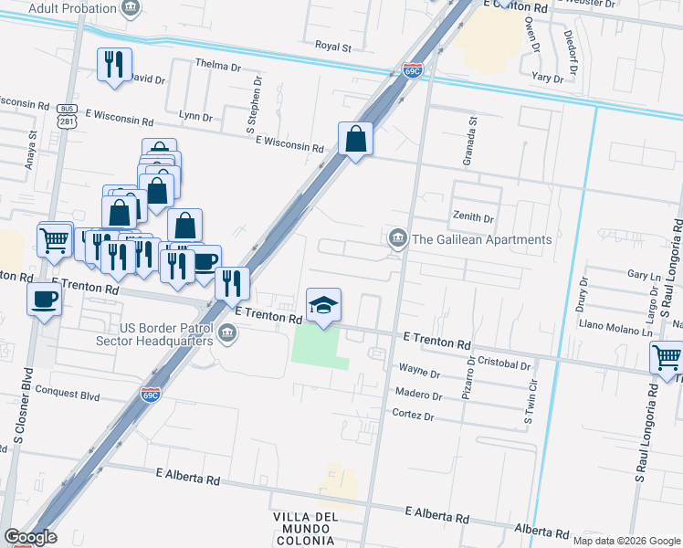 map of restaurants, bars, coffee shops, grocery stores, and more near 4103 Primavera Street in Edinburg