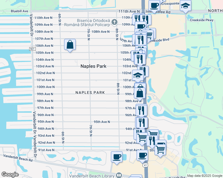map of restaurants, bars, coffee shops, grocery stores, and more near 9901 8th Street North in Naples