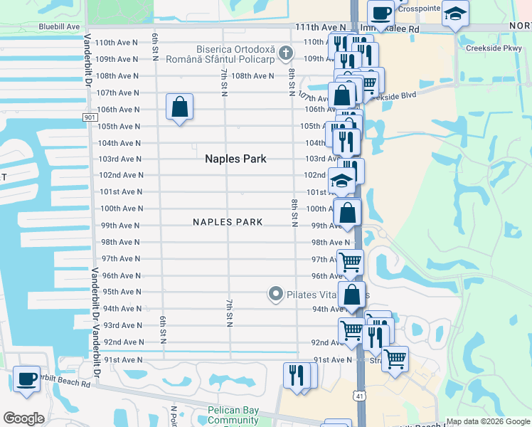 map of restaurants, bars, coffee shops, grocery stores, and more near 756 100th Avenue North in Naples
