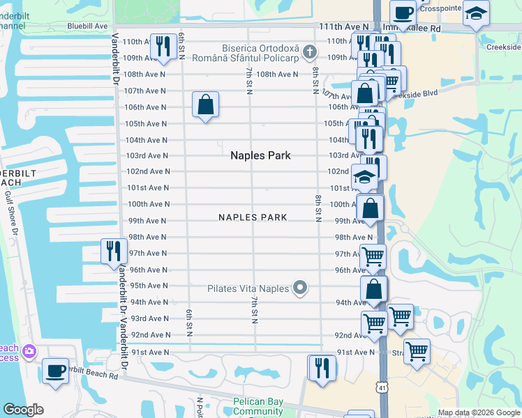 map of restaurants, bars, coffee shops, grocery stores, and more near 713 99th Avenue North in Naples