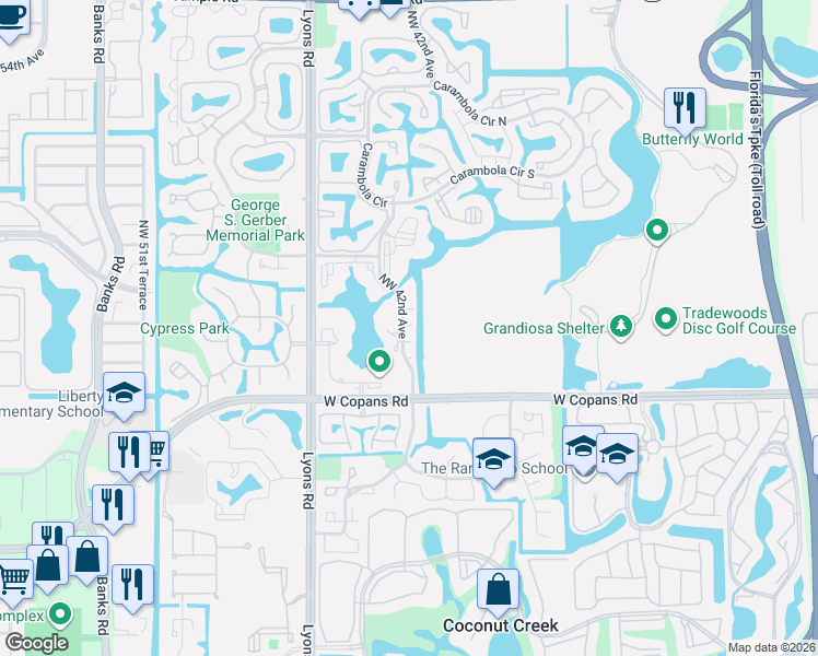 map of restaurants, bars, coffee shops, grocery stores, and more near 2650 Northwest 42nd Avenue in Coconut Creek