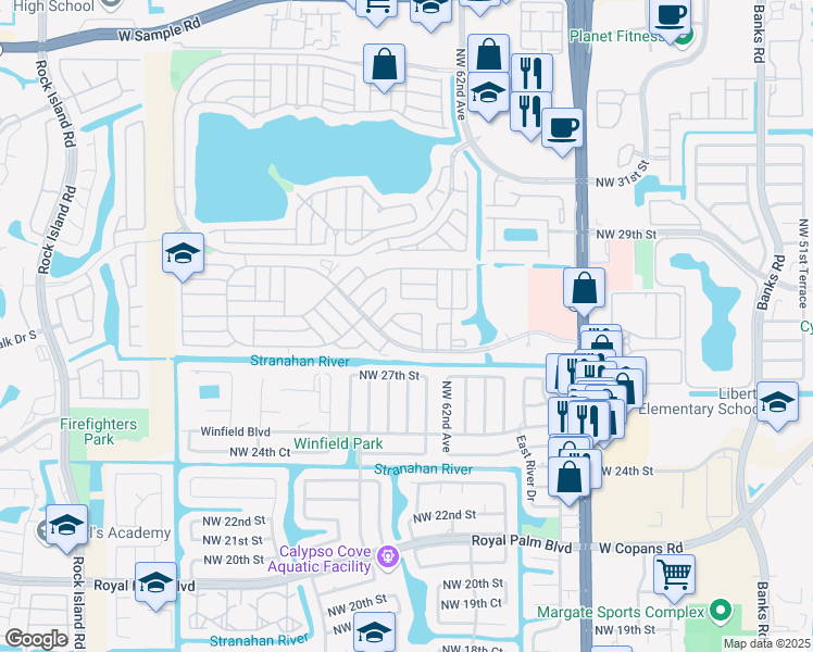 map of restaurants, bars, coffee shops, grocery stores, and more near 6300 Northwest 28th Court in Margate