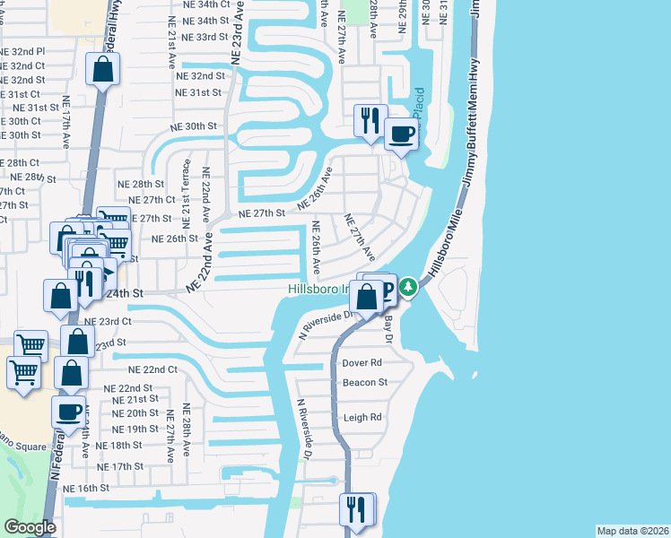 map of restaurants, bars, coffee shops, grocery stores, and more near 2645 Northeast 24th Street in Lighthouse Point