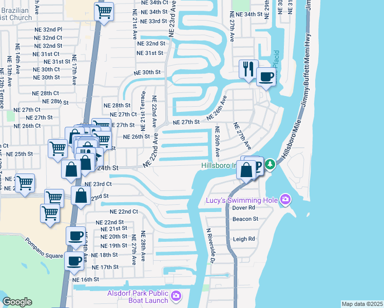 map of restaurants, bars, coffee shops, grocery stores, and more near 2370 Northeast 25th Street in Lighthouse Point