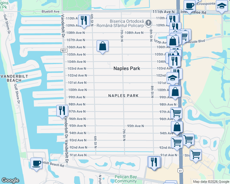 map of restaurants, bars, coffee shops, grocery stores, and more near in North Naples