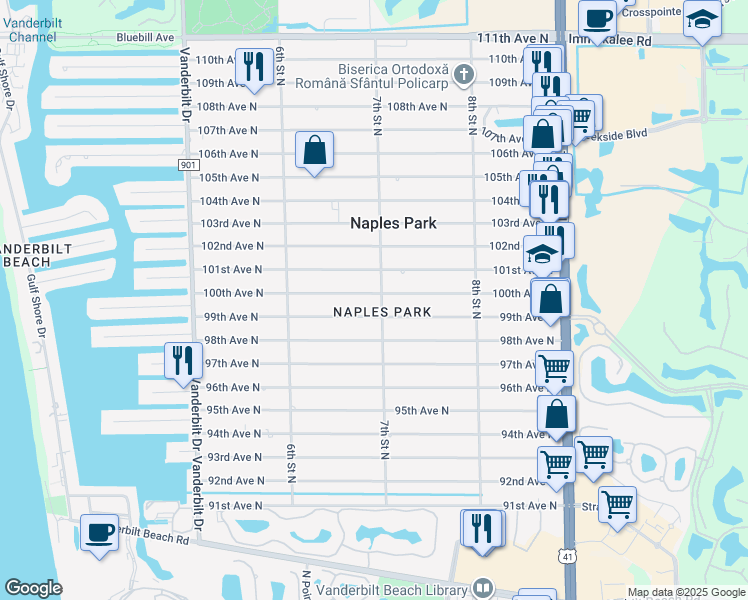 map of restaurants, bars, coffee shops, grocery stores, and more near in North Naples