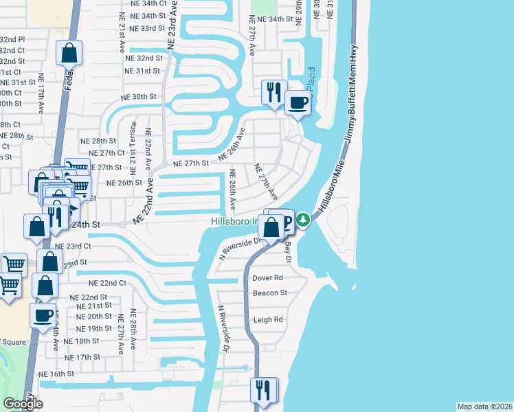 map of restaurants, bars, coffee shops, grocery stores, and more near 2645 Northeast 24th Street in Lighthouse Point