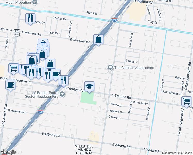 map of restaurants, bars, coffee shops, grocery stores, and more near 4103 Primavera Street in Edinburg