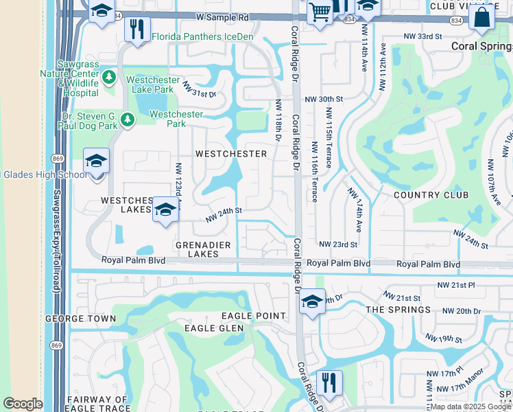 map of restaurants, bars, coffee shops, grocery stores, and more near 11886 Westchester Boulevard in Coral Springs