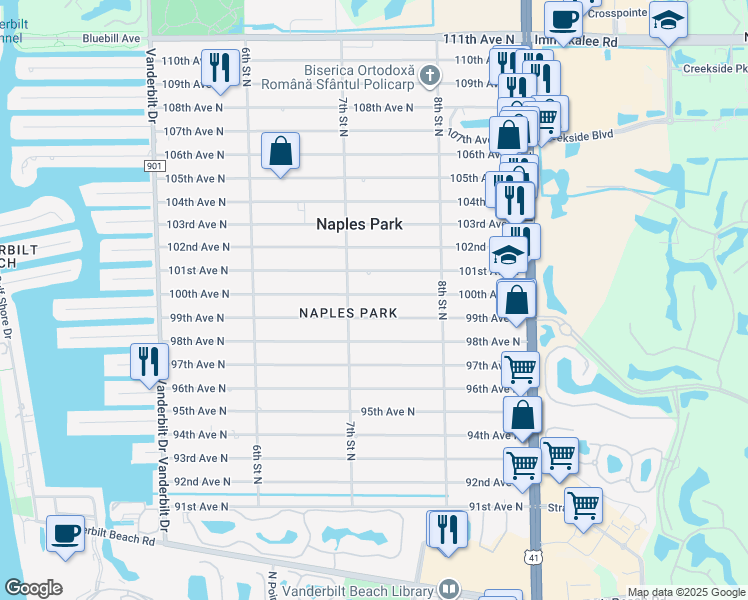 map of restaurants, bars, coffee shops, grocery stores, and more near 713 99th Avenue North in Naples