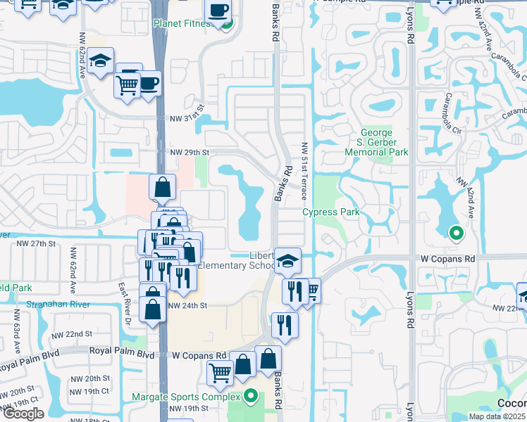 map of restaurants, bars, coffee shops, grocery stores, and more near 6041 Coral Lake Drive in Margate