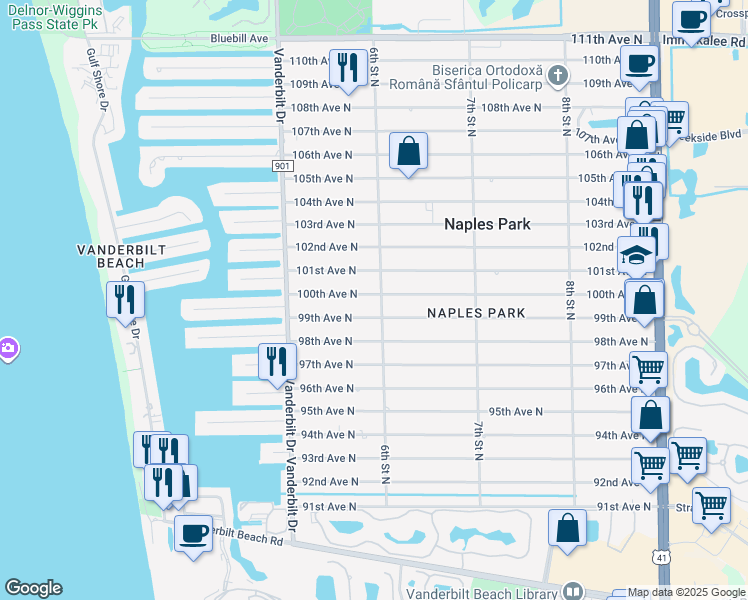 map of restaurants, bars, coffee shops, grocery stores, and more near 601 99th Avenue North in Naples
