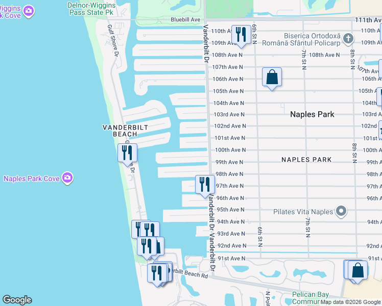 map of restaurants, bars, coffee shops, grocery stores, and more near 405 Trade Winds Avenue in Naples