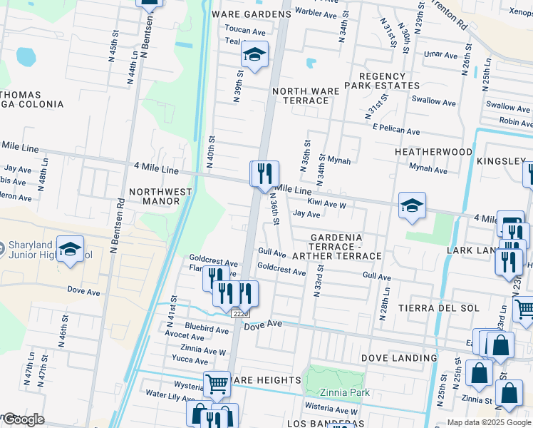 map of restaurants, bars, coffee shops, grocery stores, and more near 3605 Jay Court in McAllen