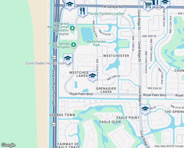map of restaurants, bars, coffee shops, grocery stores, and more near 12314 Northwest 25th Street in Coral Springs
