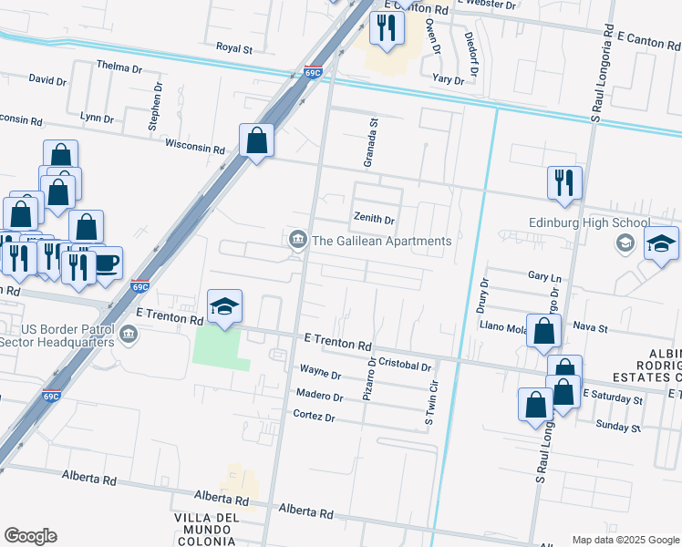 map of restaurants, bars, coffee shops, grocery stores, and more near 1424 Leann Rimes Road in Edinburg