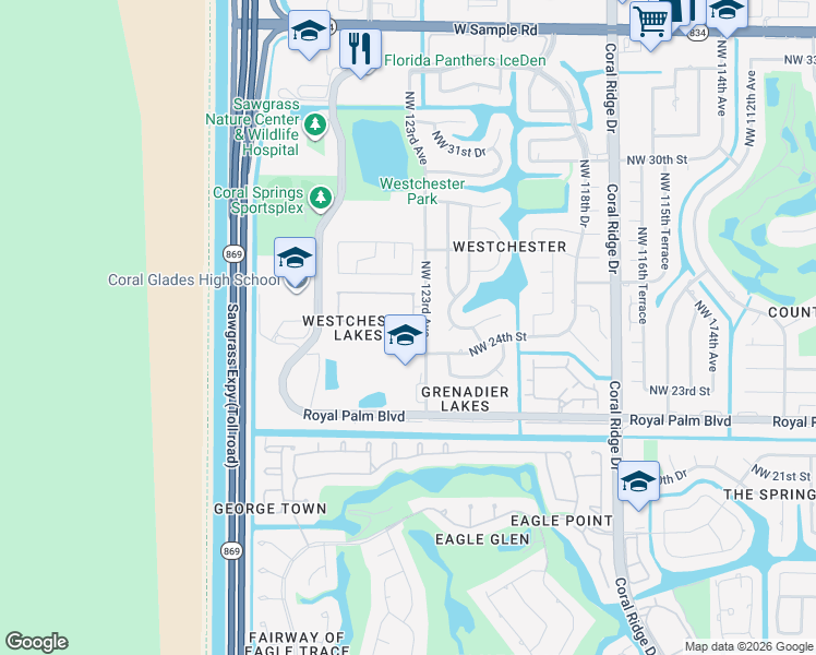map of restaurants, bars, coffee shops, grocery stores, and more near 12314 Northwest 25th Street in Coral Springs