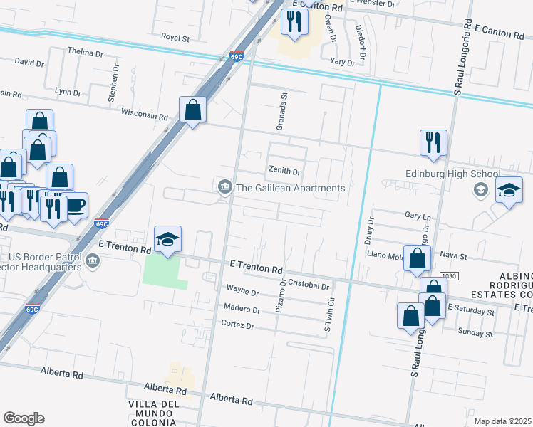 map of restaurants, bars, coffee shops, grocery stores, and more near 1508 Leann Rimes Road in Edinburg