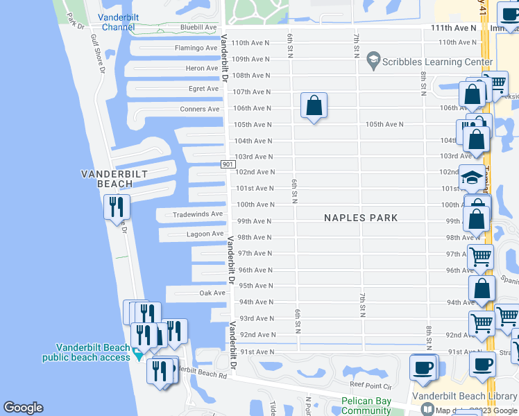 map of restaurants, bars, coffee shops, grocery stores, and more near 546 100th Avenue North in Naples