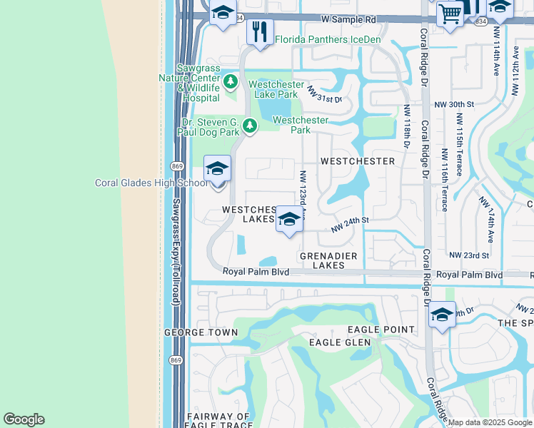 map of restaurants, bars, coffee shops, grocery stores, and more near 12346 Northwest 25th Street in Coral Springs