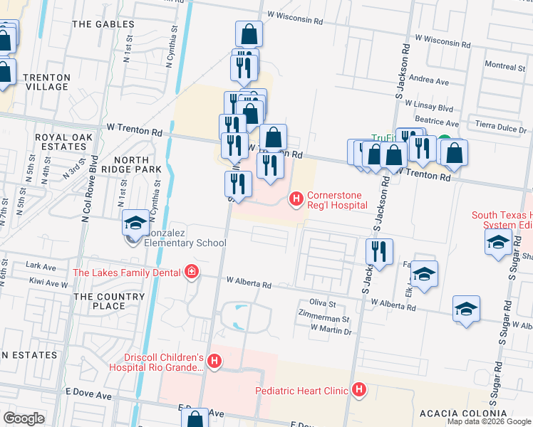 map of restaurants, bars, coffee shops, grocery stores, and more near 2500 Cornerstone Boulevard in Edinburg