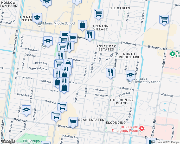map of restaurants, bars, coffee shops, grocery stores, and more near 6705 North 5th Street in McAllen
