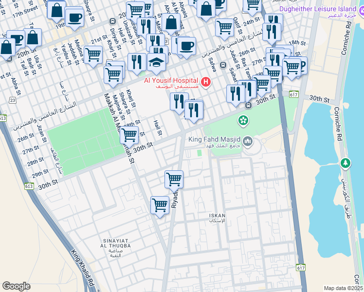 map of restaurants, bars, coffee shops, grocery stores, and more near 11551 Riyadh Street in Al Khobar