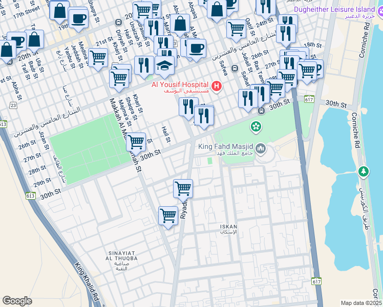 map of restaurants, bars, coffee shops, grocery stores, and more near 11551 Riyadh Street in Al Khobar