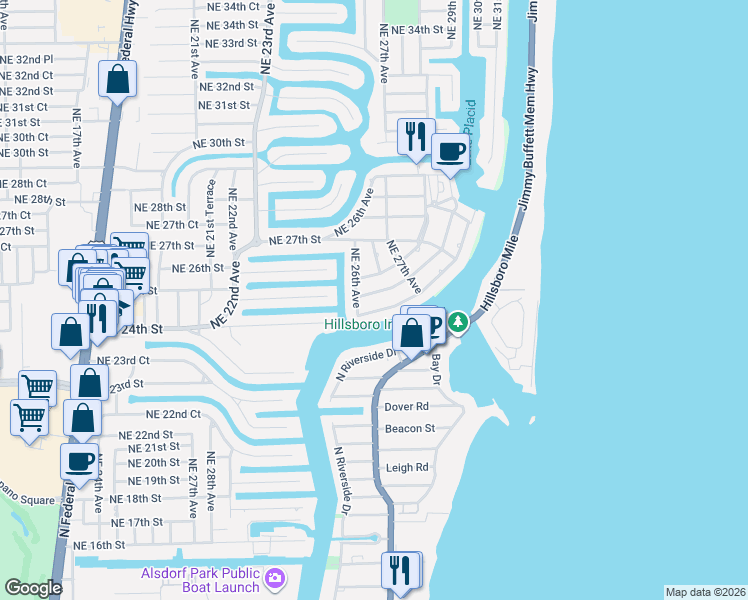 map of restaurants, bars, coffee shops, grocery stores, and more near 2645 Northeast 24th Street in Lighthouse Point