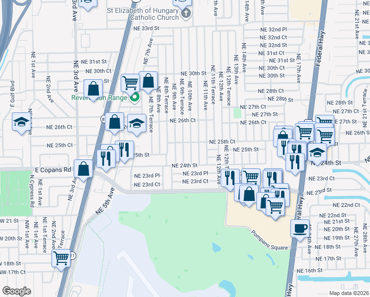 map of restaurants, bars, coffee shops, grocery stores, and more near 2440 Northeast 9th Avenue in Pompano Beach