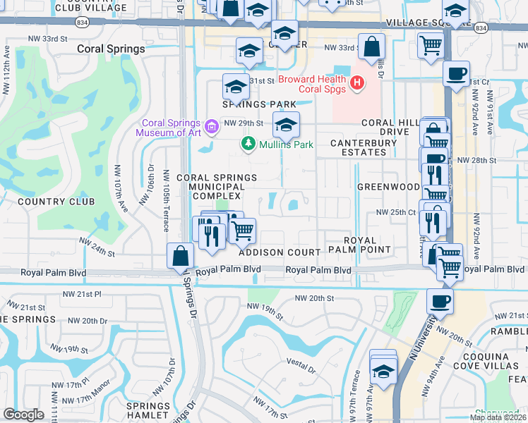 map of restaurants, bars, coffee shops, grocery stores, and more near 2542 Northwest 99th Avenue in Coral Springs