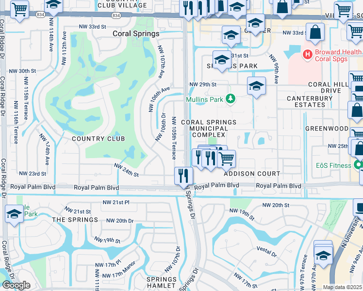 map of restaurants, bars, coffee shops, grocery stores, and more near 2832 Coral Springs Drive in Coral Springs