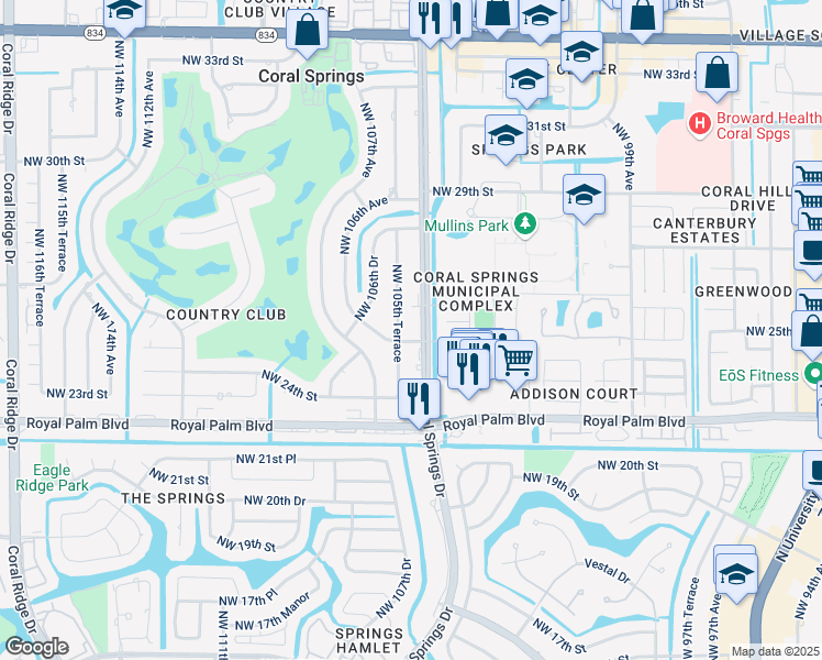 map of restaurants, bars, coffee shops, grocery stores, and more near 2832 Coral Springs Drive in Coral Springs