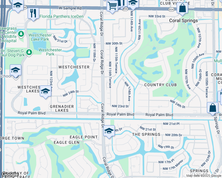 map of restaurants, bars, coffee shops, grocery stores, and more near 11605 Northwest 25th Street in Coral Springs
