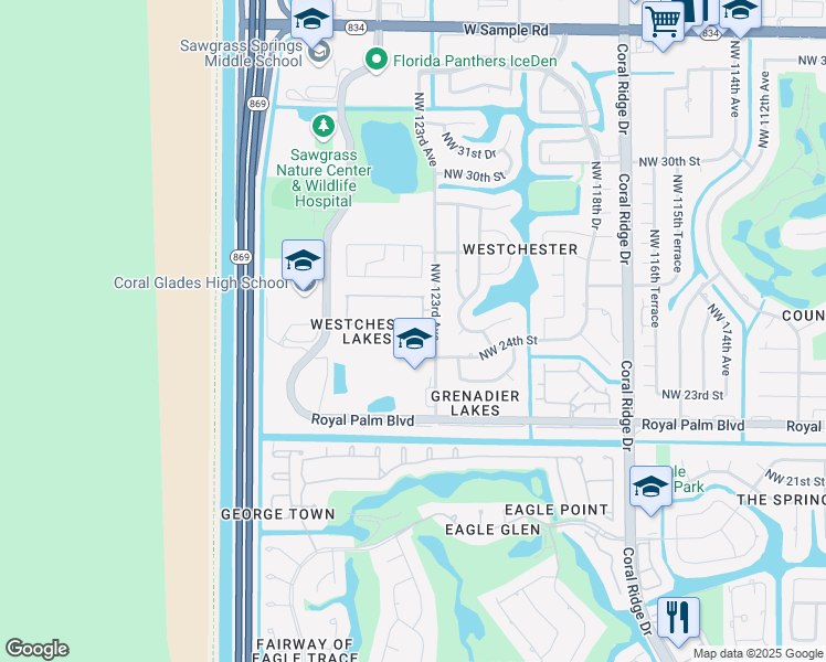 map of restaurants, bars, coffee shops, grocery stores, and more near 12314 Northwest 25th Street in Coral Springs