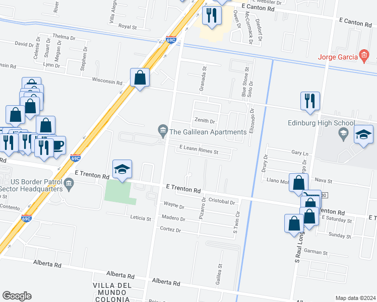 map of restaurants, bars, coffee shops, grocery stores, and more near 1424 Leann Rimes Road in Edinburg