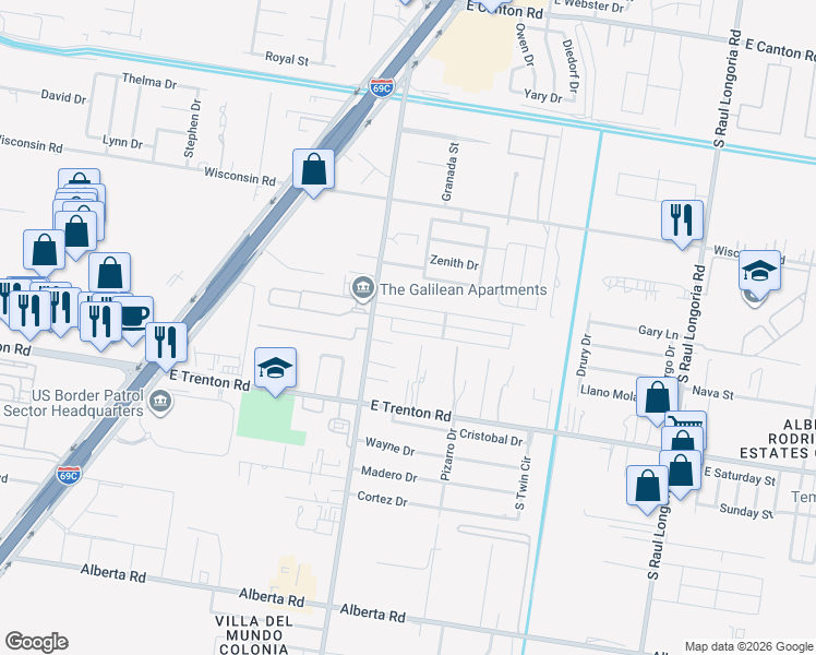 map of restaurants, bars, coffee shops, grocery stores, and more near 1424 Leann Rimes Road in Edinburg