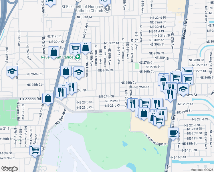 map of restaurants, bars, coffee shops, grocery stores, and more near 2440 Northeast 9th Avenue in Pompano Beach