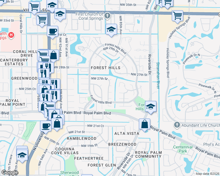 map of restaurants, bars, coffee shops, grocery stores, and more near 8637 Northwest 25th Court in Coral Springs