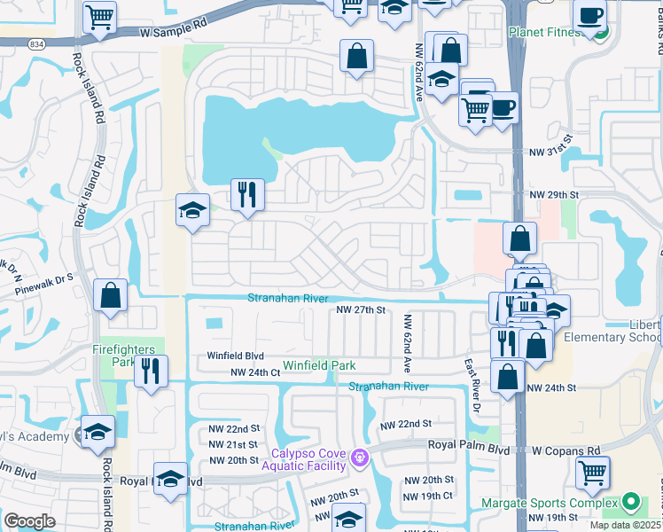 map of restaurants, bars, coffee shops, grocery stores, and more near 6428 Northwest 28th Lane in Margate