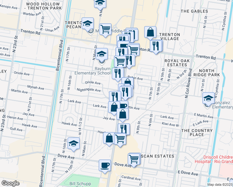 map of restaurants, bars, coffee shops, grocery stores, and more near 6501 North 10th Street in McAllen