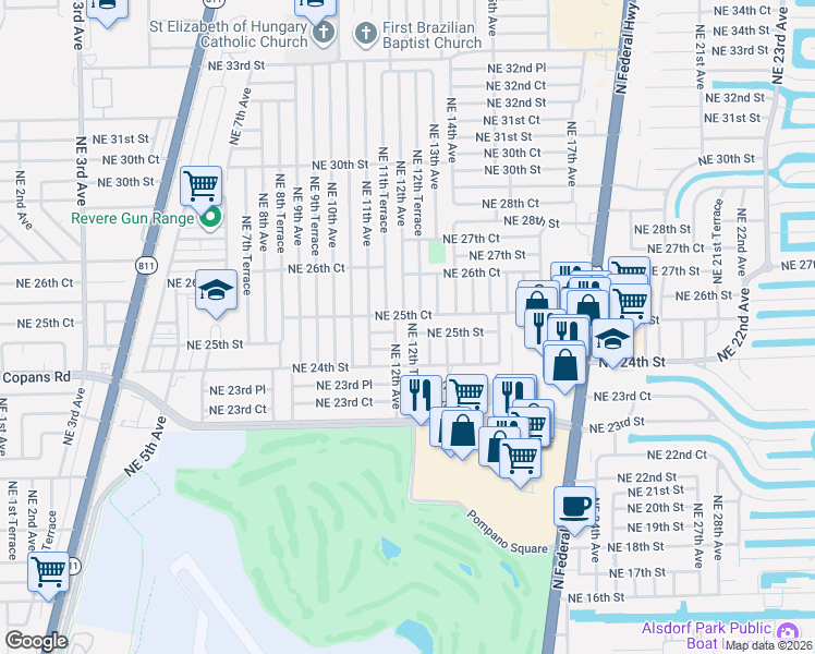 map of restaurants, bars, coffee shops, grocery stores, and more near 2480 Northeast 12th Terrace in Pompano Beach