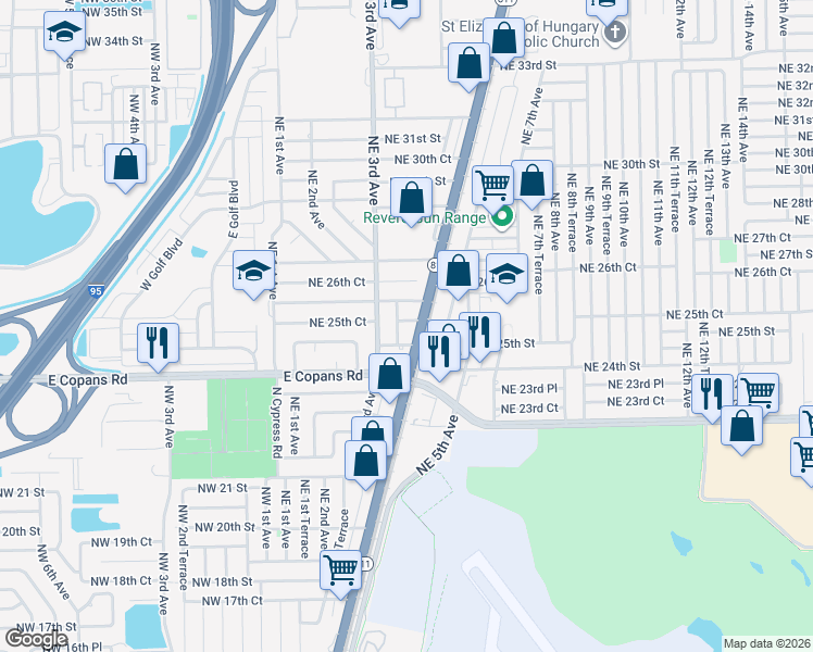 map of restaurants, bars, coffee shops, grocery stores, and more near 341 Northeast 25th Street in Pompano Beach